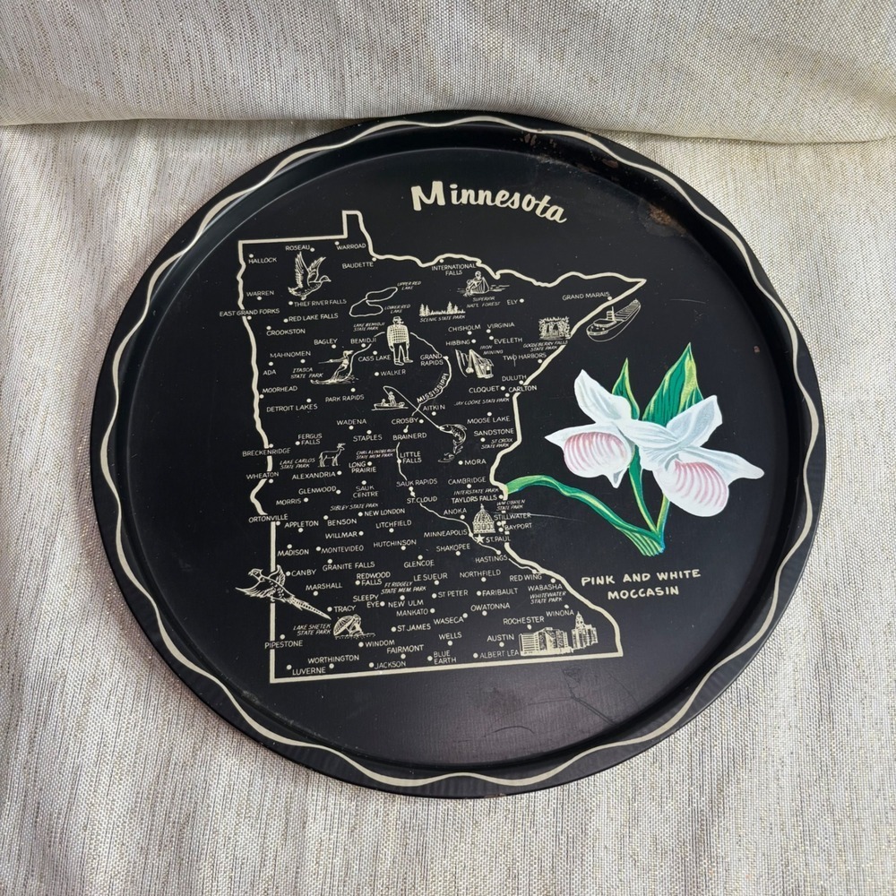 Vintage Minnesota Map Round Metal Serving Tray Pink White Moccasin Flower